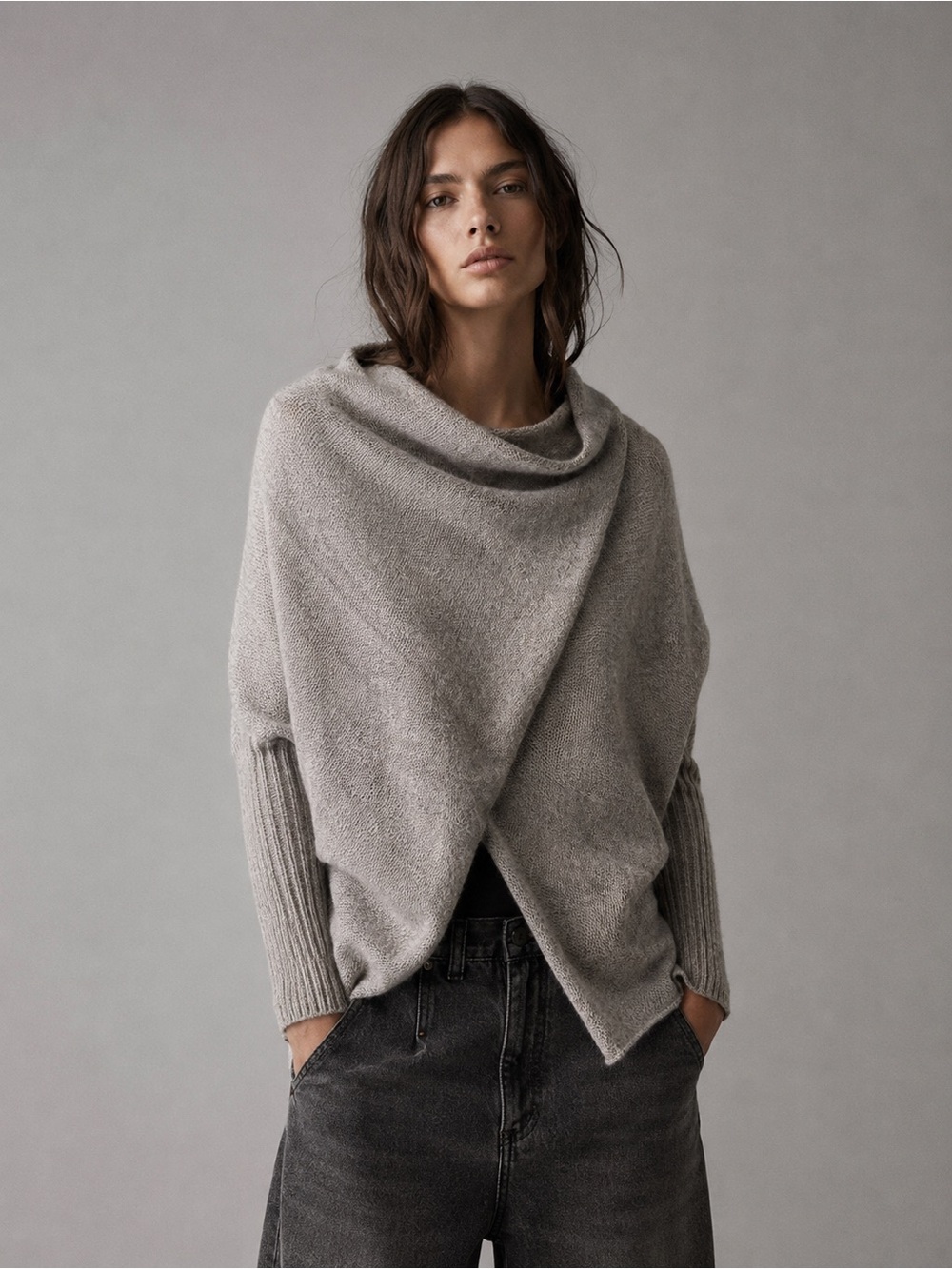 All Saints Italian Yarn Mohair Blend Grey Draped Poncho Style Sweater
